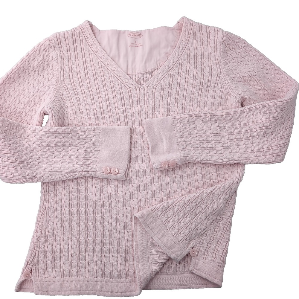 Talbots Womens Pink Cable Knit V-Neck Cotton Sweater Button Cuff Size Small